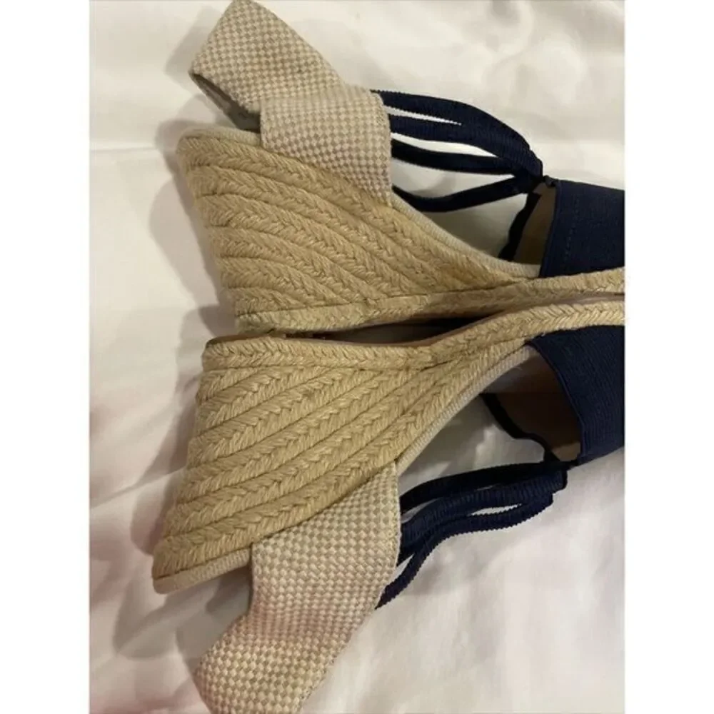 Adrienne Vittadini High Heeled‎ Espadrilles Wedges Navy Blue Stretch 9M